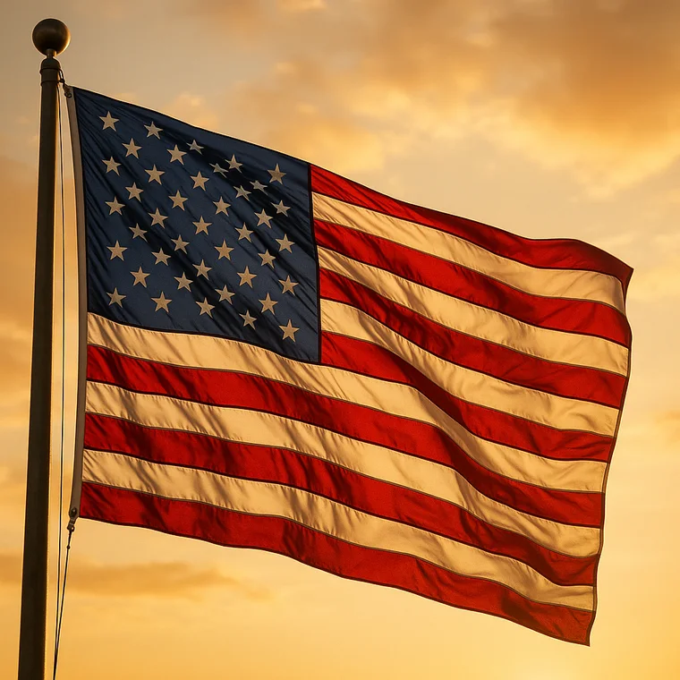 American flag waving in golden light