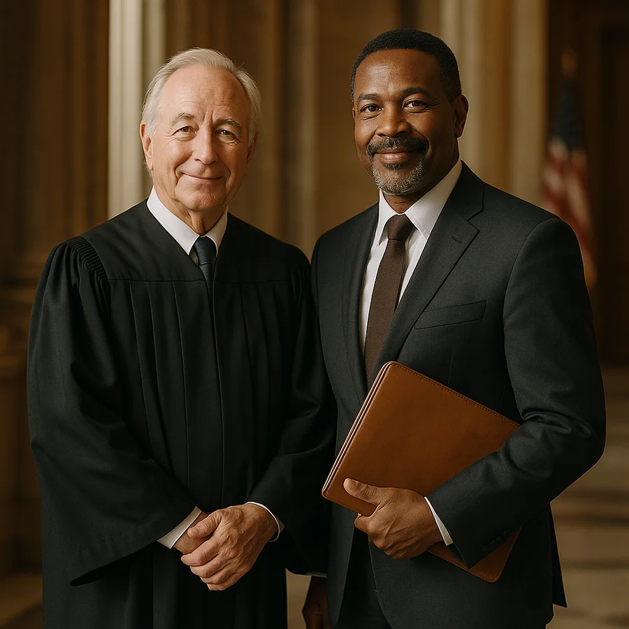 A judge and an attorney in a courthouse hall