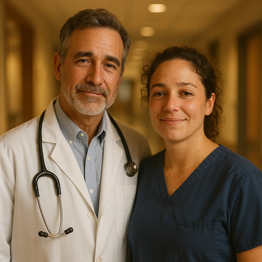 A doctor and a nurse in a hospital corridor